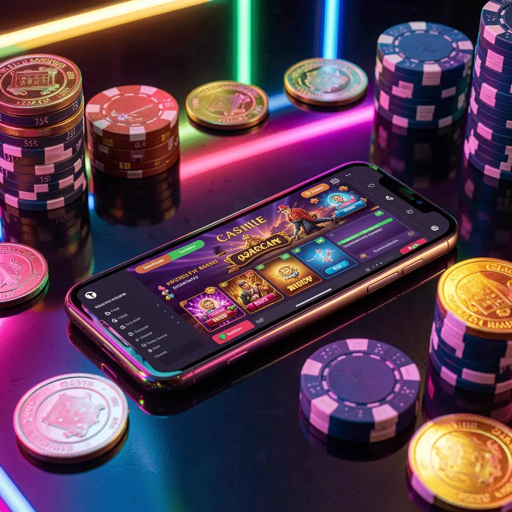 Dasbor aplikasi kasino seluler AYO99 pada ponsel pintar yang menampilkan antarmuka permainan penuh warna dengan koin emas dan keping poker di atas meja mengilap di bawah pencahayaan neon elegan