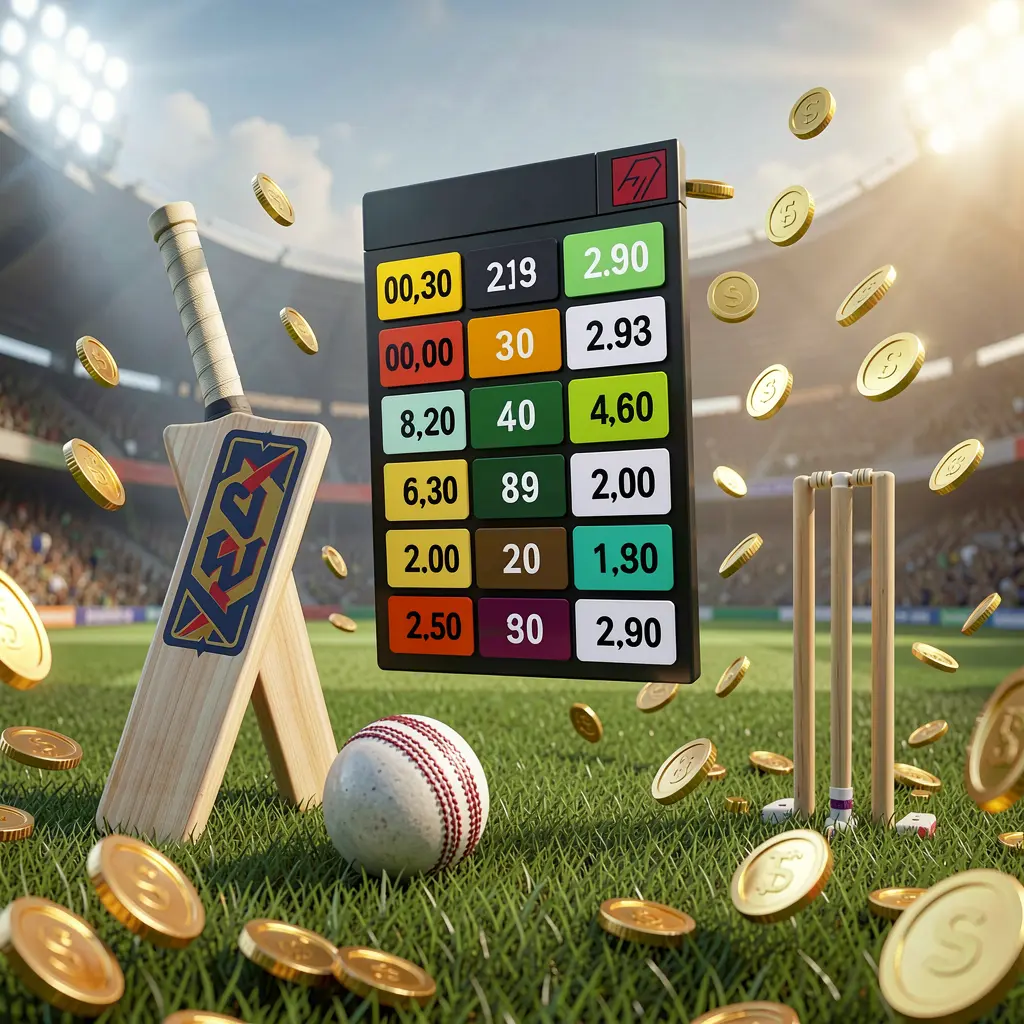 Ilustrasi 3D realistis tongkat kriket, bola kriket, dan gawang di atas rumput stadion dengan antarmuka odds taruhan mengambang serta koin emas beterbangan, menggambarkan halaman taruhan olahraga AYO99