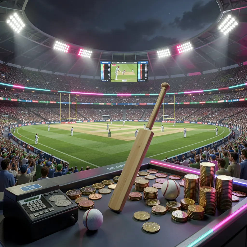 Render 3D sinematik stadion kriket yang penuh sesak dengan lapangan hijau, tongkat dan bola, panel odds langsung digital, serta pencahayaan neon yang menampilkan suasana taruhan olahraga kriket AYO99
