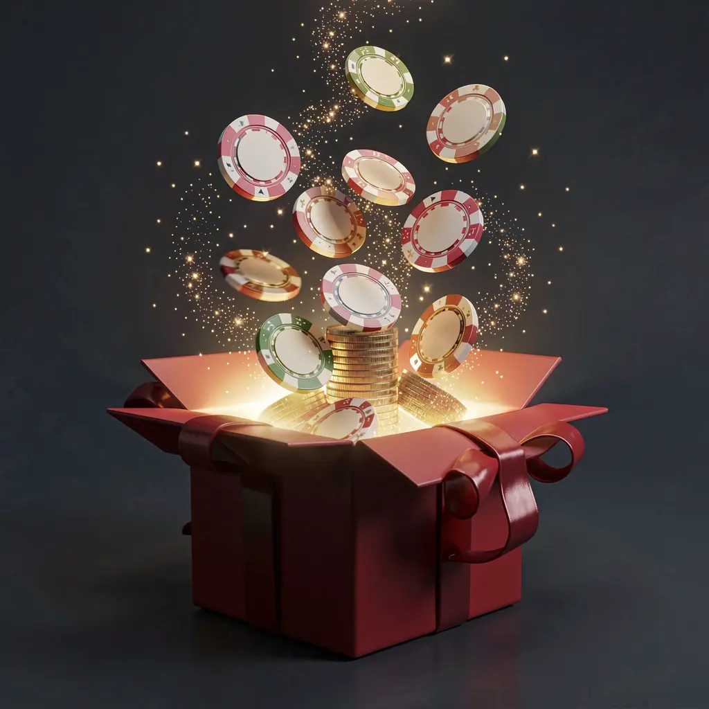 Render 3D realistis kotak hadiah bercahaya dengan keping kasino gratis yang meledak keluar, dikelilingi kilauan magis di latar belakang premium gelap, menggambarkan bonus tanpa deposit AYO99
