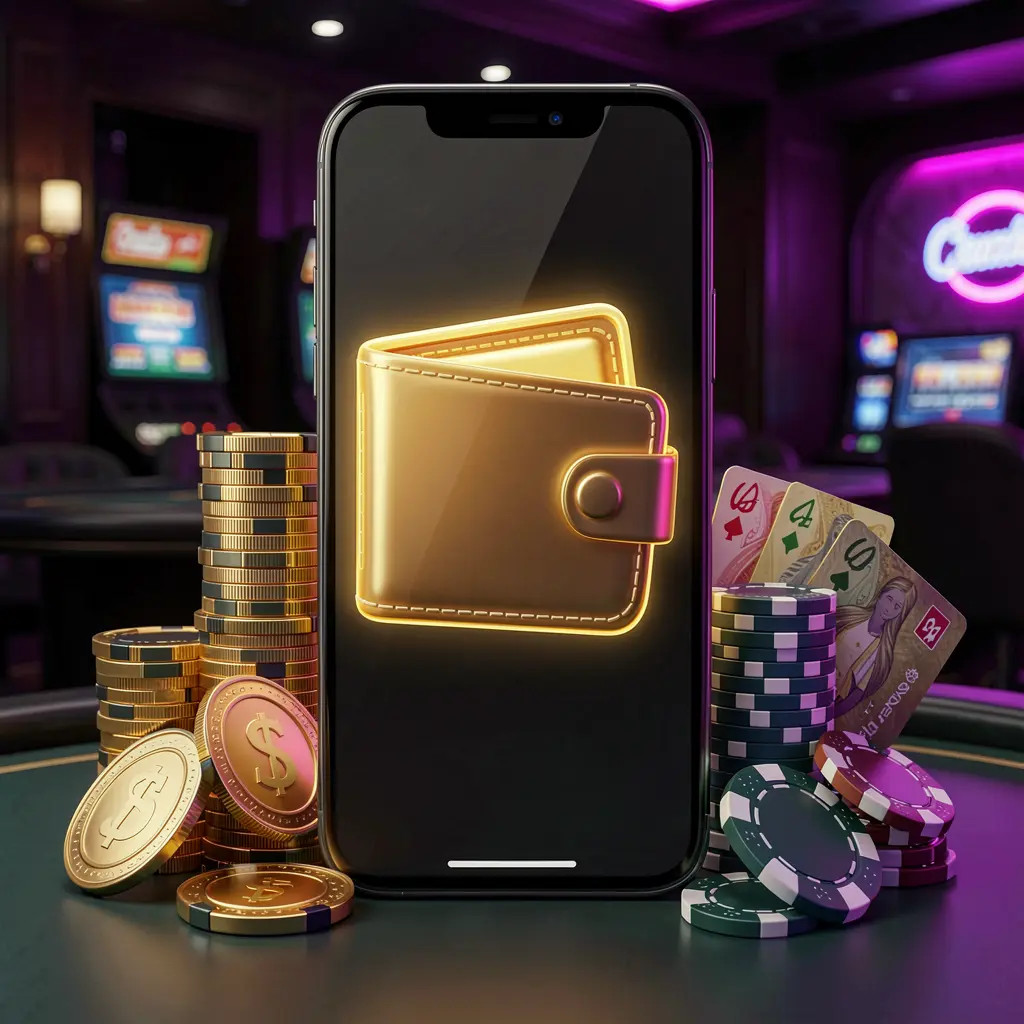 Konsep bonus deposit kasino daring AYO99 yang menampilkan layar ponsel pintar dengan ikon dompet bercahaya dikelilingi tumpukan koin emas, keping poker, dan kartu bank di latar belakang mewah gelap dengan sorotan neon dalam gaya 3D realistis