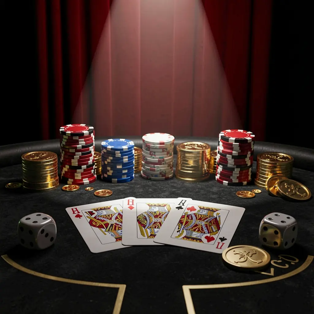 Meja kasino AYO99 yang menampilkan tangan poker royal flush, keping poker berwarna-warni, koin emas, dan dadu di atas latar belakang hitam dan merah mewah dengan sorotan dramatis dalam render 3D realistis