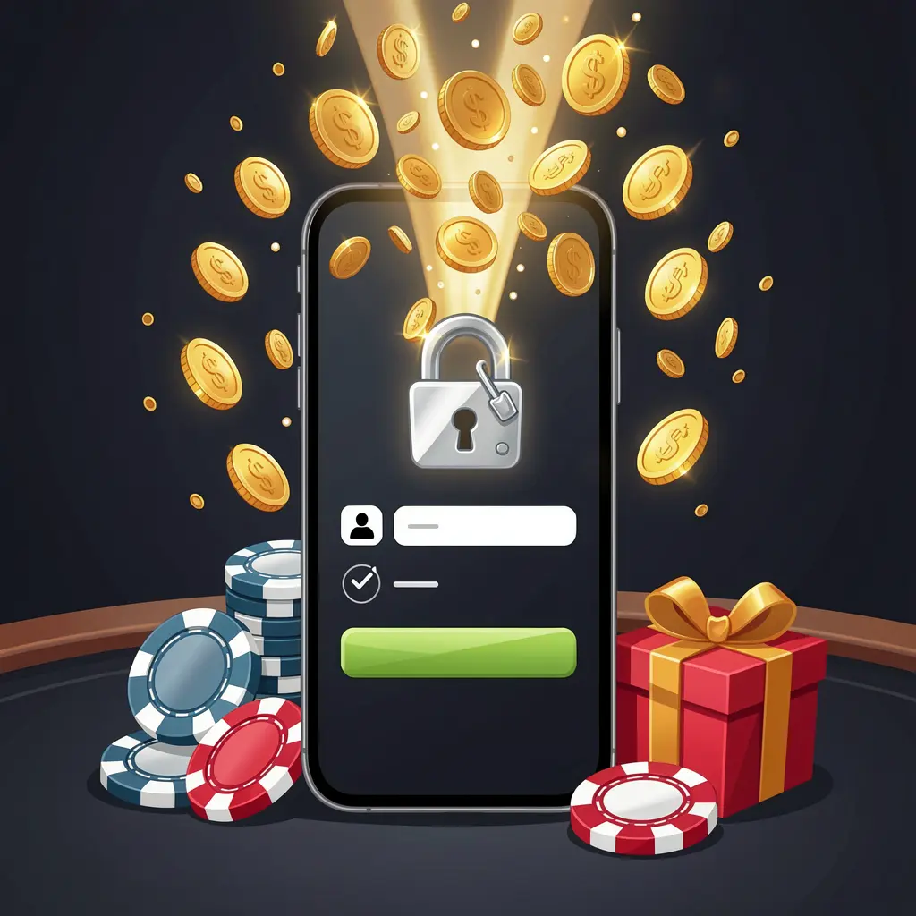 Ilustrasi masuk pengguna kasino AYO99 yang menampilkan ponsel dengan ikon akses aman, koin emas meledak dari layar, keping poker, dan kotak hadiah di dekatnya pada latar belakang premium gelap