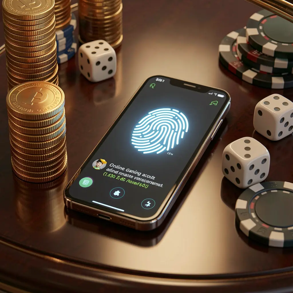 Adegan akses akun permainan daring AYO99 yang menampilkan ponsel pintar dengan ikon sidik jari bercahaya, dikelilingi koin emas, dadu, dan keping poker di atas meja mengilap dengan pencahayaan sinematik