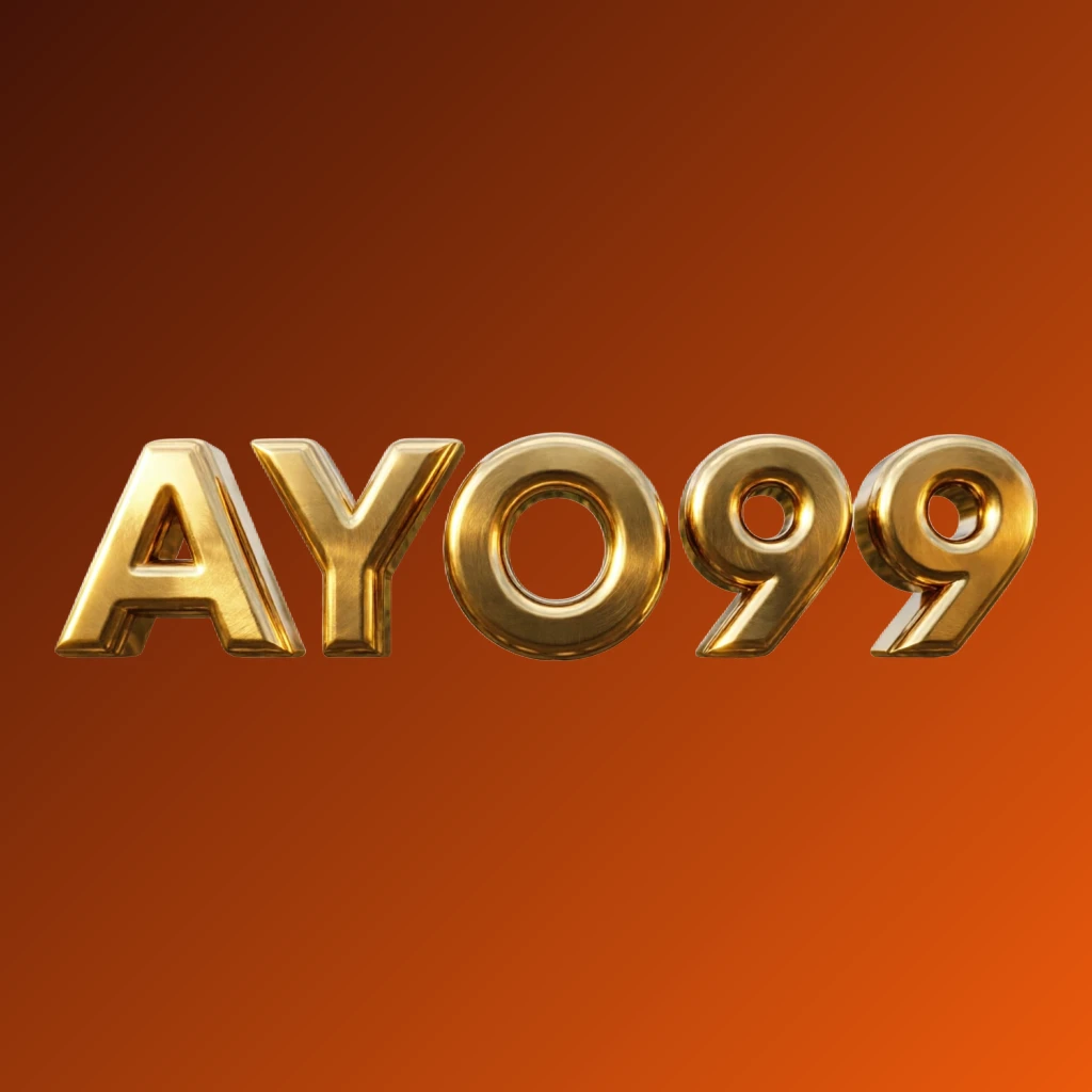 3D metallic glossy gold logo of AYO99 with dramatic lighting, premium casino branding on a transparent background, designed as a horizontal rectangular wordmark for website header