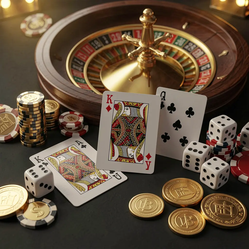 Beranda kasino daring elegan yang menampilkan merek AYO99 dengan kartu royal flush, dadu, koin emas, keping poker di atas meja gelap, serta roda rolet bercahaya di latar belakang dalam render 3D sinematik